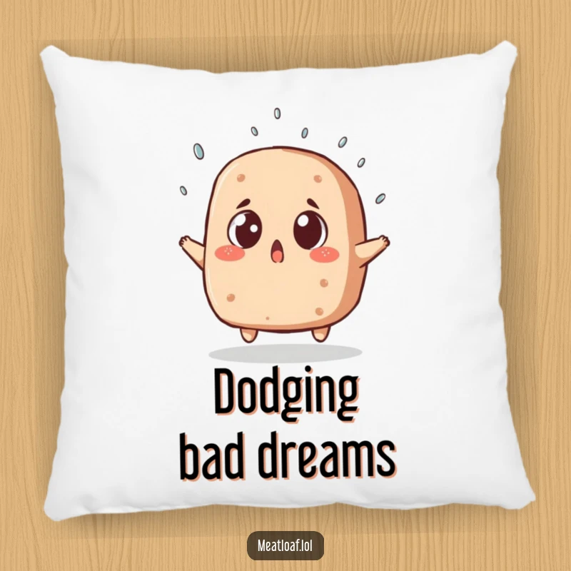 Funny meatloaf pillow, a surprised food character comically dodging a sprinkle, providing comfort and humor for any relaxation space.