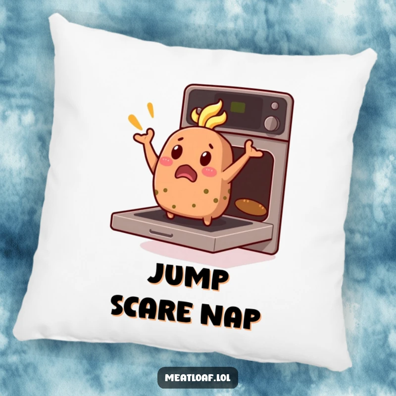 Funny Meatloaf Pillow: A startled meatloaf character is depicted in mid-air, escaping from a kitchen oven.