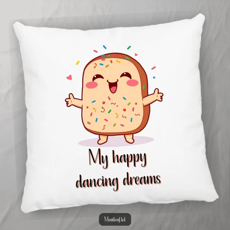 Funny meatloaf pillow, soft and decorative, with a smiling face and sprinkles, dancing happily, adding culinary comfort.
