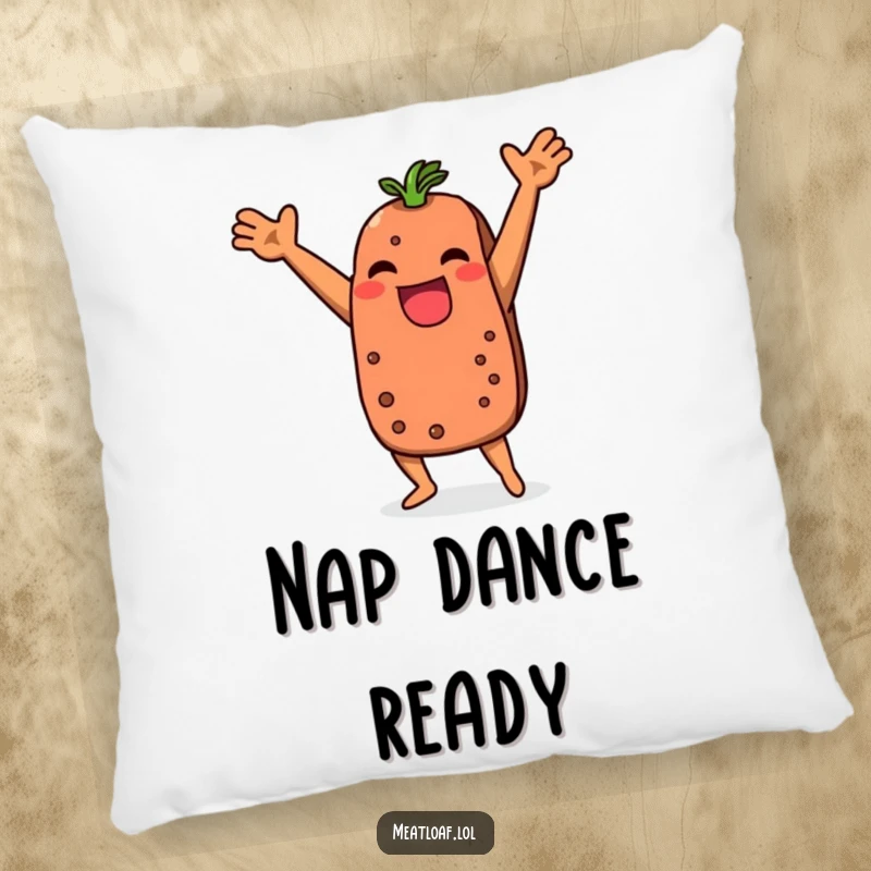 Funny meatloaf pillow with a character doing a silly dance, offering comfort and humor for any couch or bed.