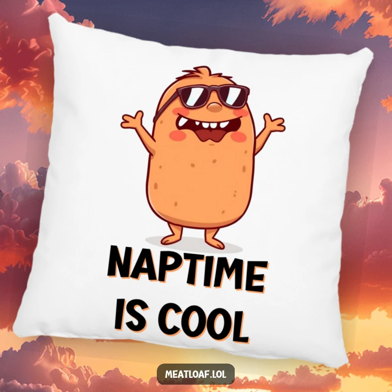 Funny Meatloaf Pillow: A soft pillow featuring a meatloaf in sunglasses dancing with crossed arms. Cozy and humorous.