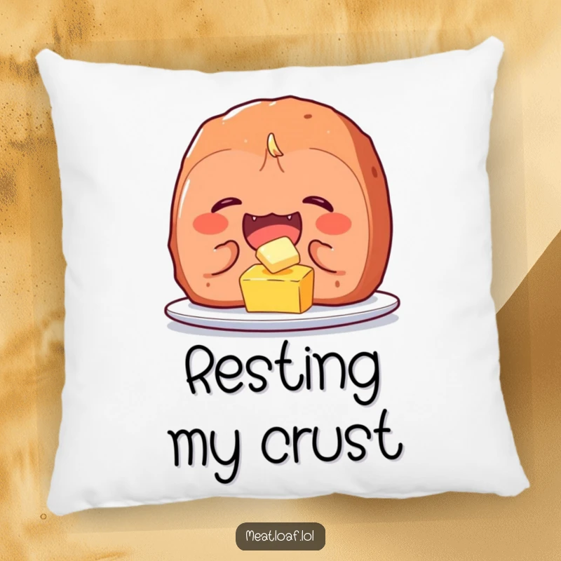 Funny meatloaf character pillow, capturing uncontrollable giggles while tickling a tiny pat of butter, soft, huggable, and hilarious.