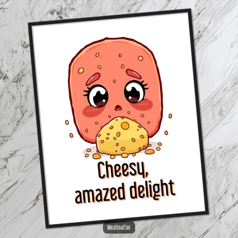 Funny Digital Art Print: A meatloaf character with wide, amazed eyes reacting to a giant cheese sprinkle.