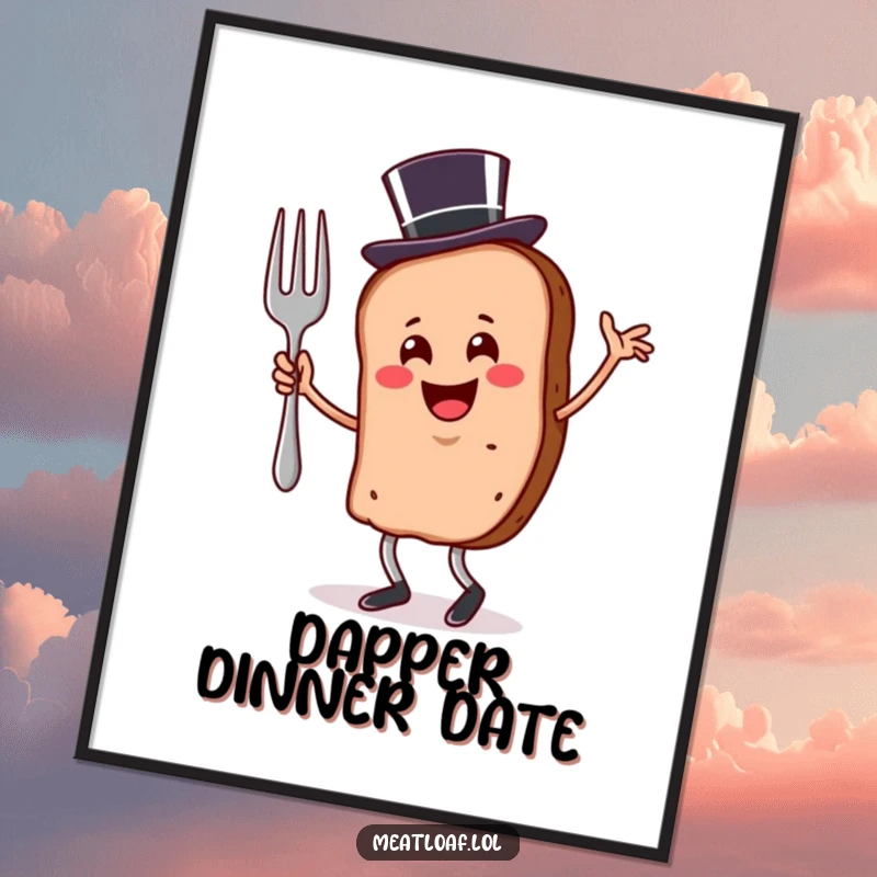 Funny meatloaf slice digital art print wearing a top hat and dancing with a fork, for elegant decor.