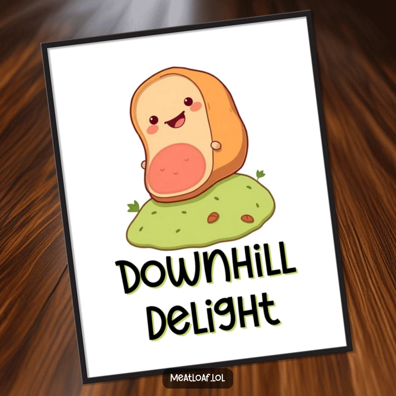 Funny meatloaf digital art print of a happy loaf rolling downhill, perfect for instant download and joyful decor.
