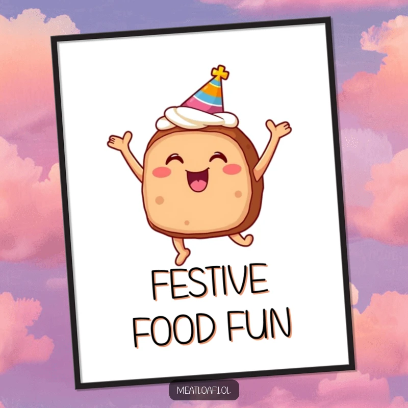 Funny meatloaf digital art print with frosting and party hat jumping for joy, instant festive decor.