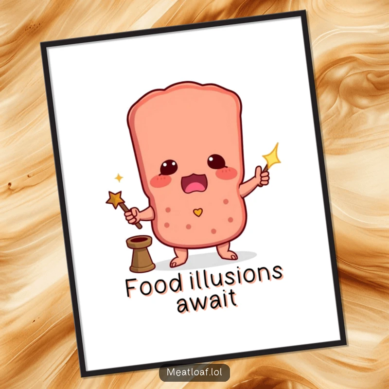 Funny digital art print of a meatloaf character performing a magic trick with a wand, ready to cast humor.