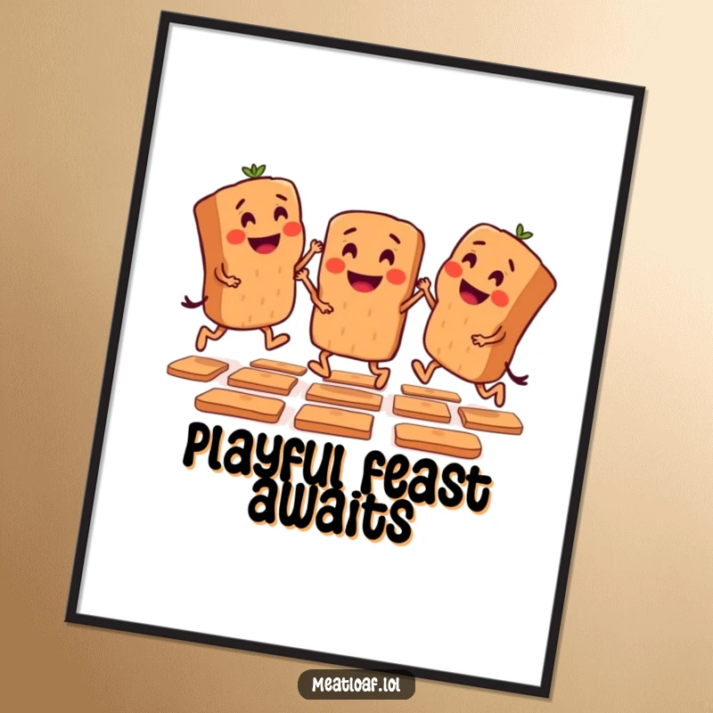 Funny digital art print of mini meatloaf characters playing hopscotch, ready to bring playful nostalgia to walls.
