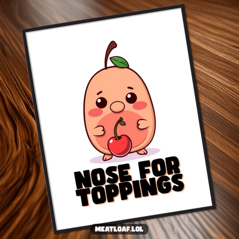 Funny kawaii meatloaf character balancing a cherry on its nose, presented as a downloadable digital art print.