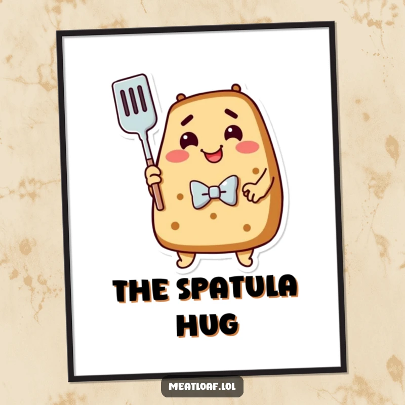 Funny Meatloaf Art Print: A dapper meatloaf wearing a bowtie affectionately embraces a kitchen spatula.