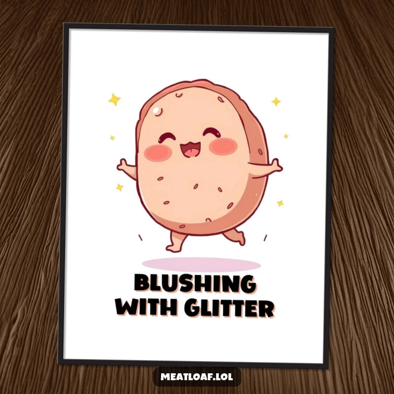 Funny meatloaf digital art print of a blushing character tripping and scattering sparkles.
