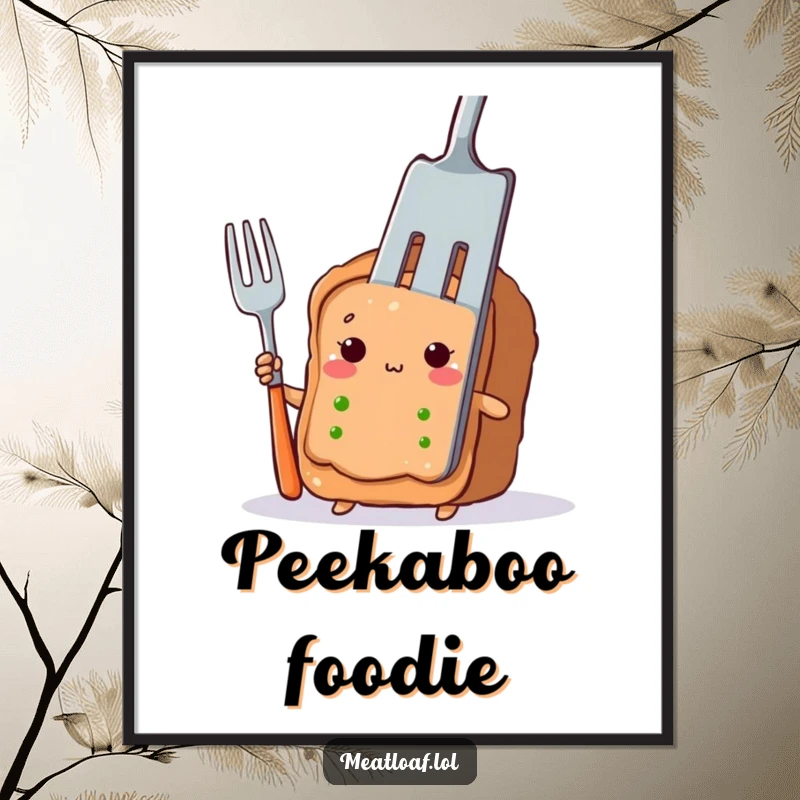 Funny meatloaf slice digital art print with a shy character peeking out from behind a giant fork, for decor.