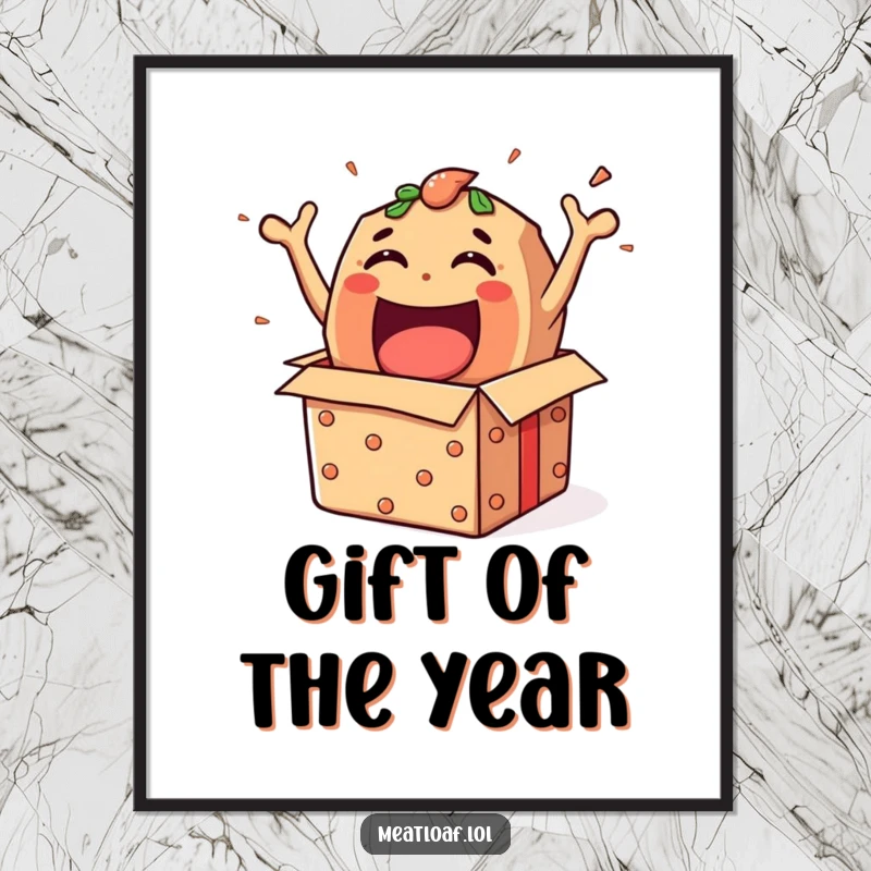 Funny meatloaf character bursting energetically from a gift box, perfect for instant humorous and exciting wall decor.