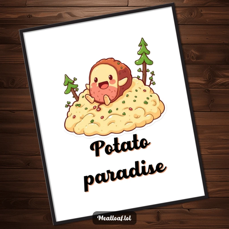 Funny meatloaf tumbling down mashed potatoes digital art print, printable humorous food-themed artwork of a character's comical slide.
