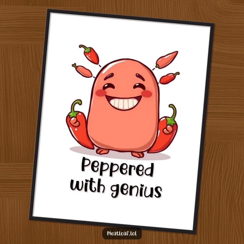 Funny meatloaf character digital art print juggling three spicy chili peppers with a wide, ecstatic grin, perfect for walls.
