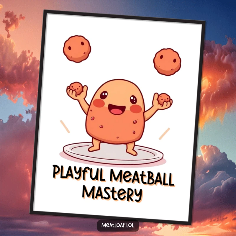 Funny Digital Art Print: A playful meatloaf character expertly juggling three perfectly formed meatballs.