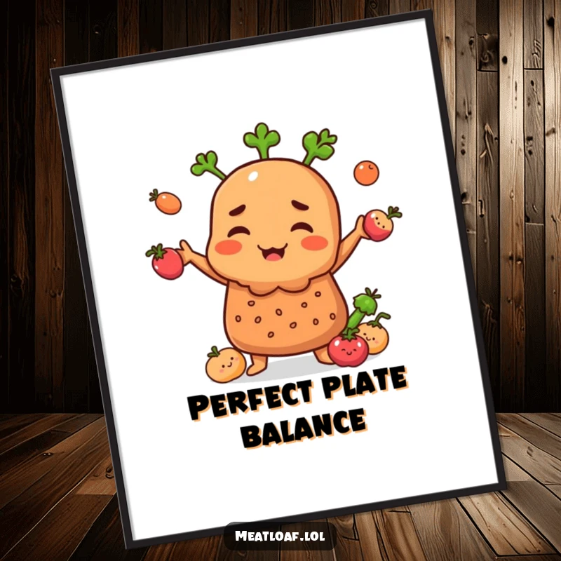 Funny Meatloaf character in digital art print, juggling small smiling vegetables, ready to decorate.