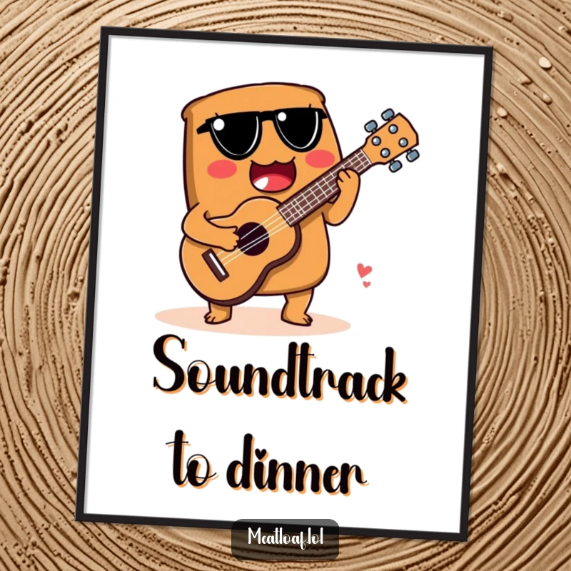 Funny digital art print of a meatloaf character playing a ukulele made from a spoon, creating charming melodies.