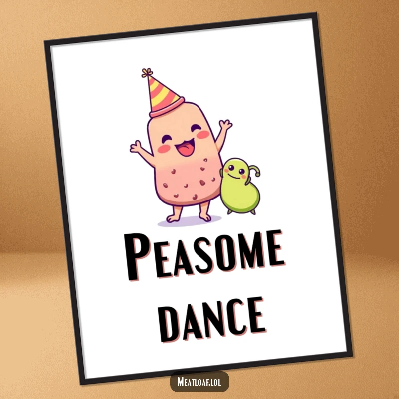 Funny meatloaf character in party hat dancing with a pea, food party art, humorous print, giftable.