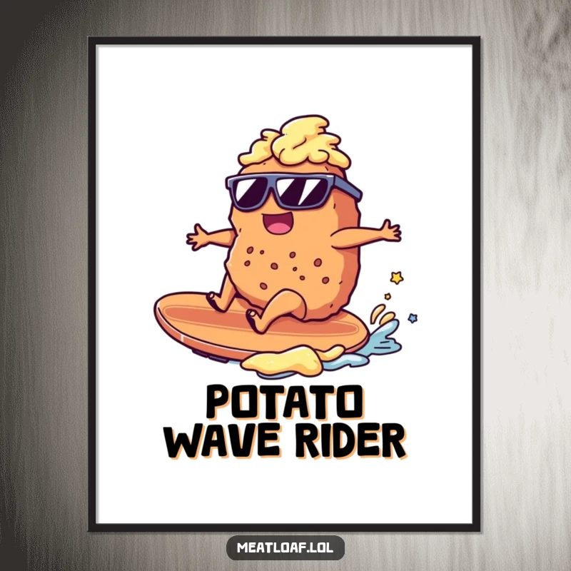Funny meatloaf character surfing a mashed potato wave, sunglasses, beach poster, high-resolution humorous digital art, giftable.