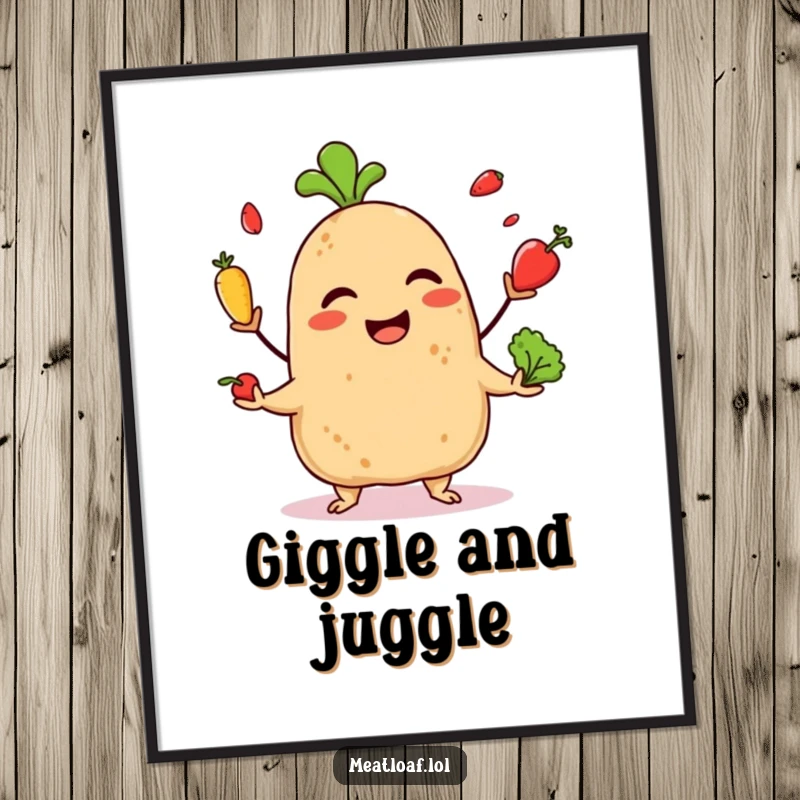 Funny digital art print of a giggling meatloaf character juggling tiny vegetables, ready to add playful charm to any setting.