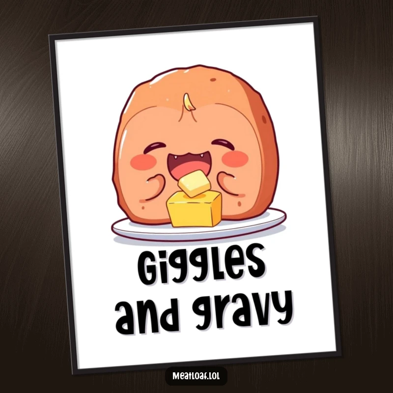 Funny meatloaf character digital art print showing uncontrollable giggles while tickling a tiny pat of butter, ideal for humorous decor.