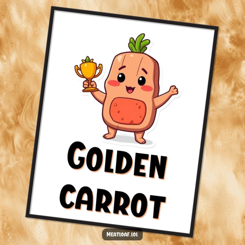 Funny proud meatloaf trophy digital art print, printable humorous food-themed artwork of a meatloaf character with a trophy.