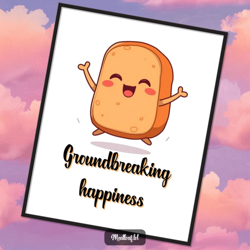 Funny digital art print of a meatloaf with small legs joyfully jumping, a humorous and vibrant piece for your walls.