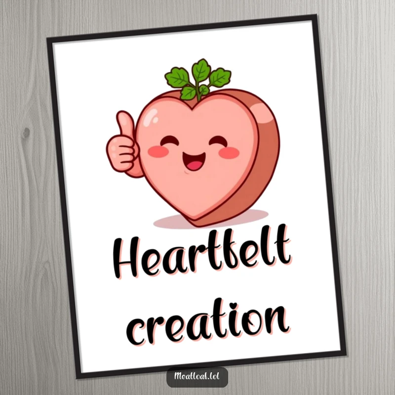 Funny heart-shaped meatloaf character digital art print giving a thumbs-up, symbolizing love and good vibes, printable decor.