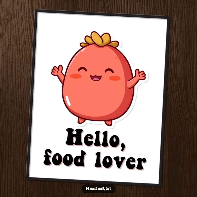 Funny round red meatloaf digital art print of an enthusiastic character with tiny arms waving, for decor.