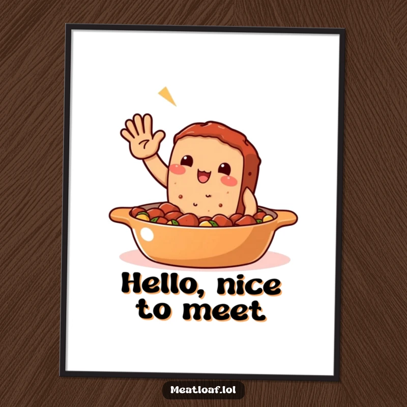 Funny Meatloaf Casserole Digital Art Print: A smiling meatloaf waves from a casserole dish, offering instant cozy decor.