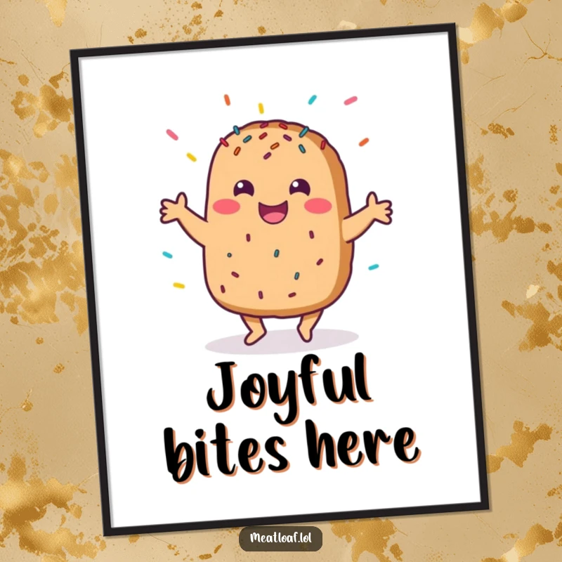 Funny digital art print of a meatloaf character happily dancing, covered in sprinkles, ready to bring cheer to any space.