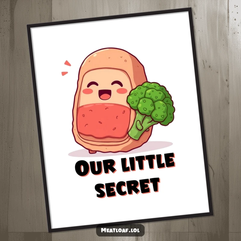 Funny meatloaf character whispering secrets and giggling with a broccoli floret, food friendship art, charming humorous print, giftable.