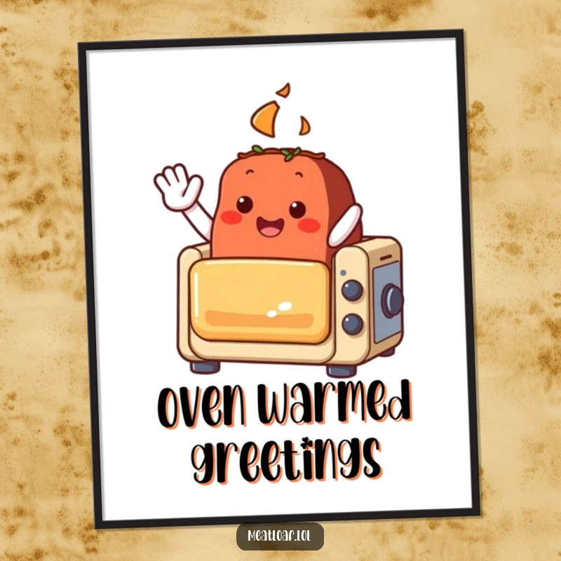 Funny meatloaf character digital art print, waving enthusiastically from a small, toy-like oven, bringing instant cheer.