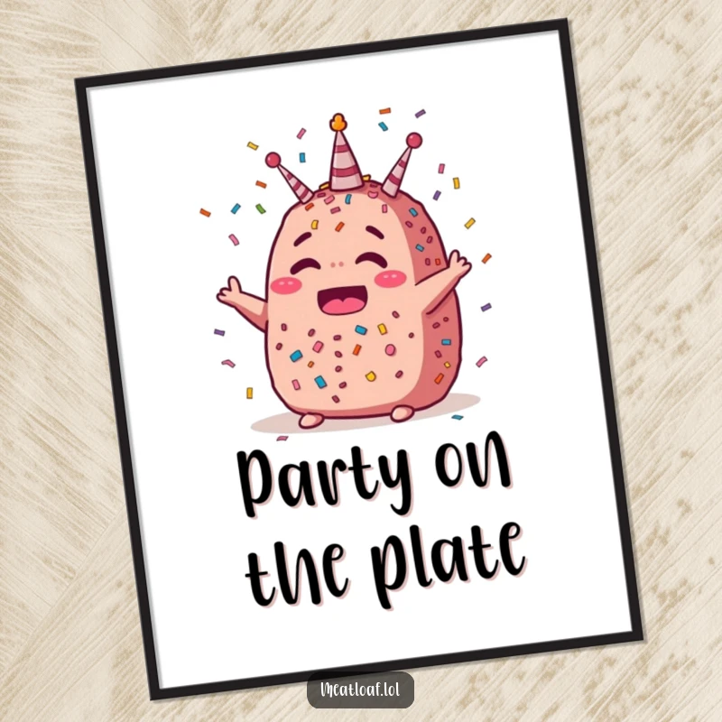 Funny celebration meatloaf digital art print of a meatloaf character surrounded by confetti, ideal for instant festive decor.