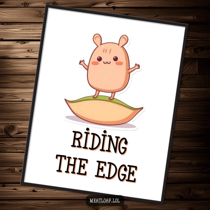 Funny wobbly meatloaf digital art print of a meatloaf character balancing on a pea, ideal for instant humorous decor.