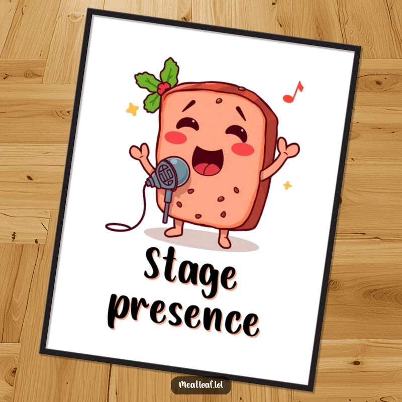 Funny meatloaf digital art print of a singing slice with a microphone, delivering instant joy and musical humor to any digital display.