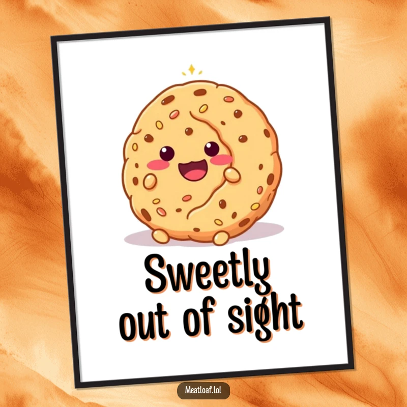 Funny shy meatloaf character hiding behind a giant, sparkling cookie, perfect for instant humorous and sweet wall decor.