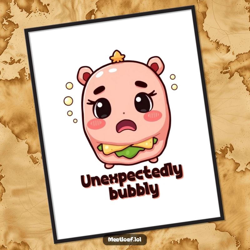 Funny meatloaf character looking surprised amidst popping champagne bubbles, perfect for instant humorous wall decor.