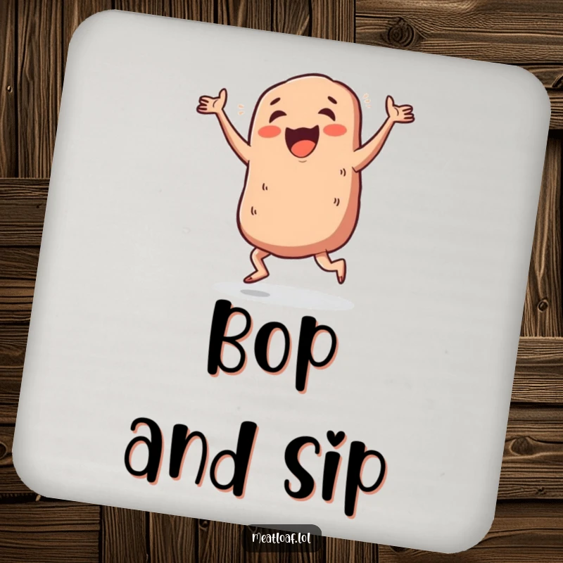 Funny meatloaf jig coaster, a dancing meatloaf character, protecting surfaces with happy feet and infectious energy.