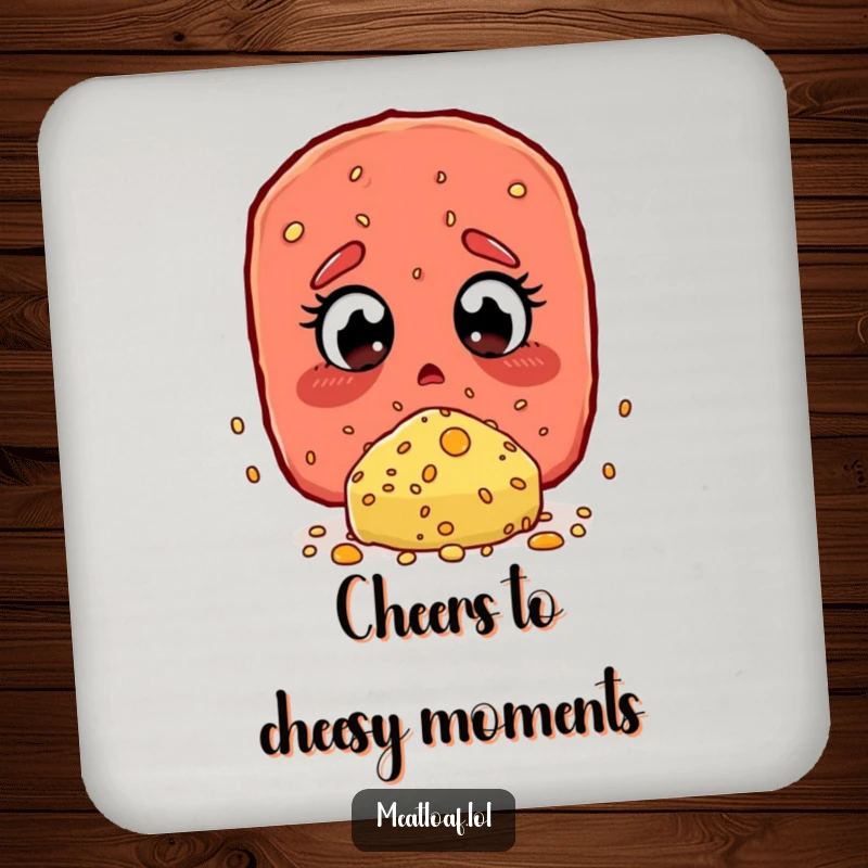 Funny Coaster: A meatloaf character amazed by a giant cheese sprinkle, offering food humor.