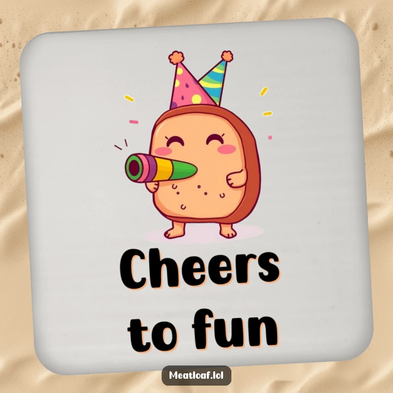 Funny Meatloaf Party Coasters: Set with a meatloaf in a party hat blowing a noisemaker, adding festive humor and surface protection.