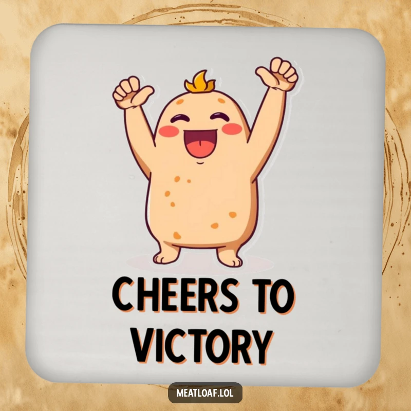 Funny Meatloaf character on a drink coaster, arms raised in an enthusiastic cheer, adding fun.