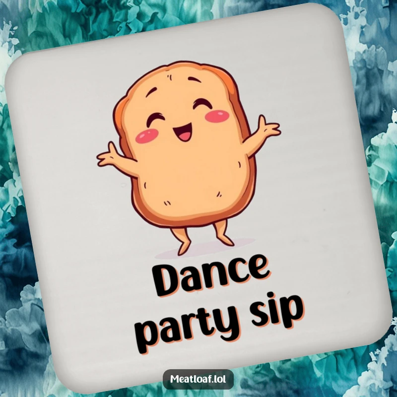 Funny meatloaf coaster with tiny legs dancing the Charleston, a smiling and energetic culinary character, perfect for surface protection.