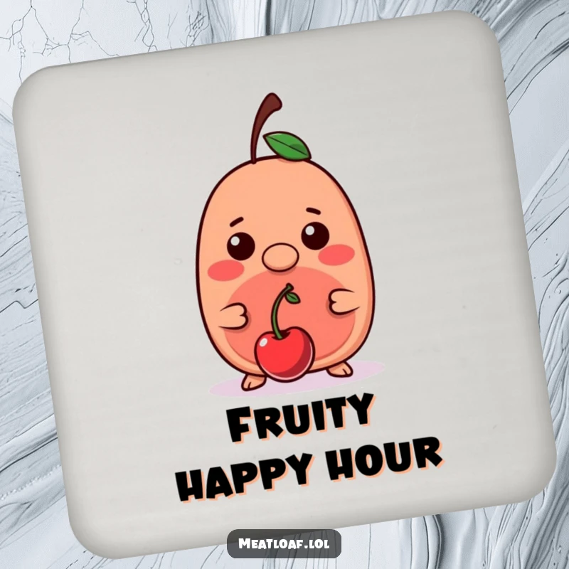 Funny kawaii meatloaf character balancing a cherry on its nose, designed as a stylish and protective drink coaster.