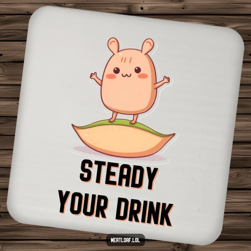 Funny balancing meatloaf coasters featuring a meatloaf character wobbling on a pea, protecting surfaces with humor.