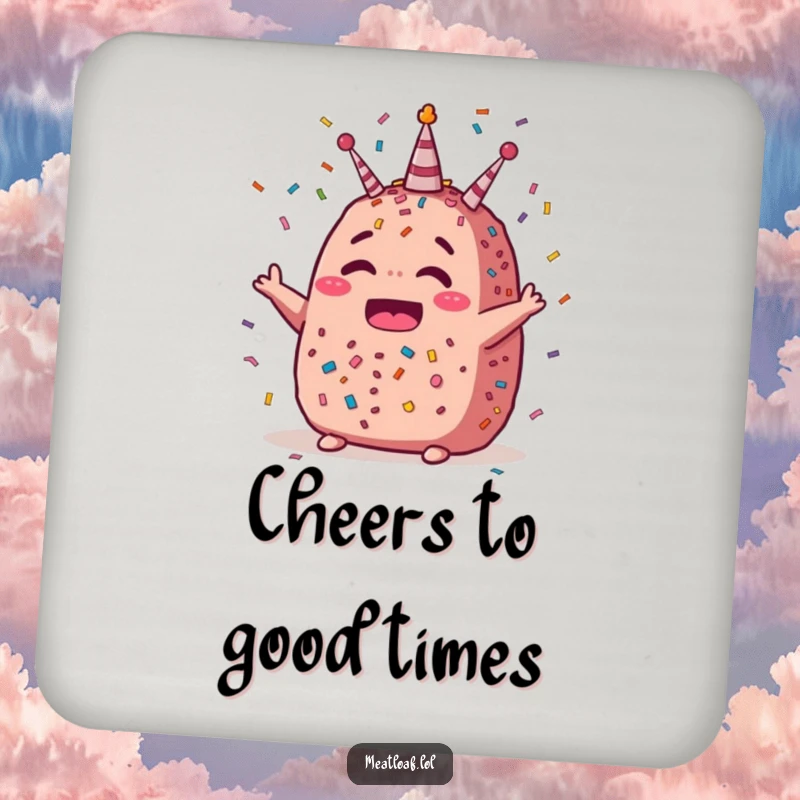 Funny celebration meatloaf coasters featuring a confetti design and a festive meatloaf character, protecting surfaces with party spirit.