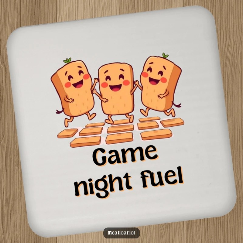 Funny drink coasters featuring mini meatloaf characters playing hopscotch, protecting surfaces with playful nostalgia.