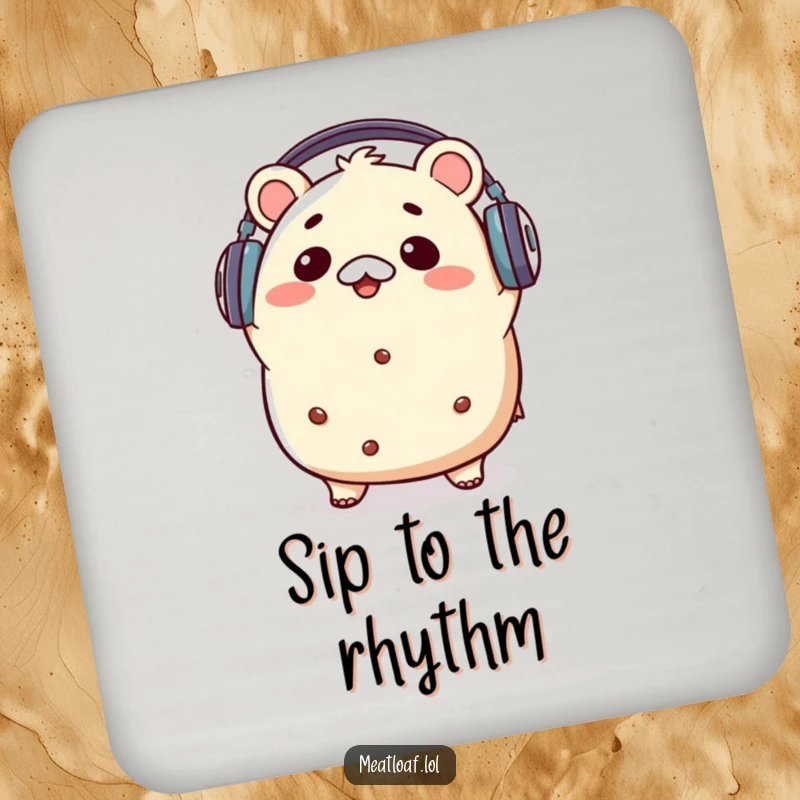 Funny kawaii meatloaf character with headphones, bopping its head to music, designed as a stylish and protective drink coaster.
