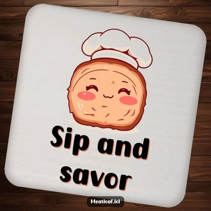 Funny drink coaster featuring a meatloaf slice with rosy cheeks and a chef hat, adding a humorous culinary touch.